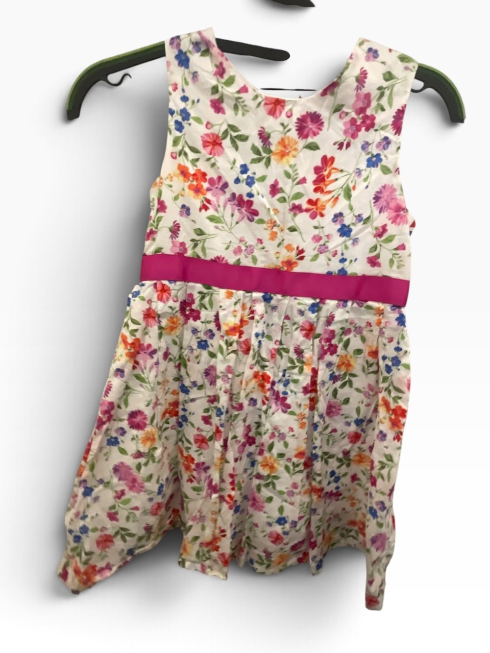 Lands' End Girls Floral Sleeveless Dress with Pink Waist Sash